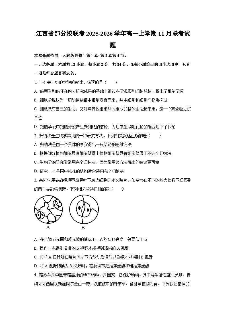 【生物】江西省部分校联考2025-2026学年高一上学期11月联考试题（学生版）第1页