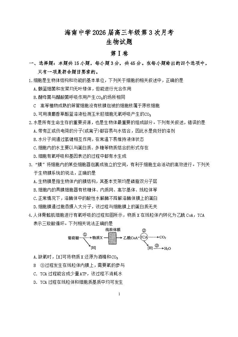 海南中学2026届高三年级第3次月考生物第1页