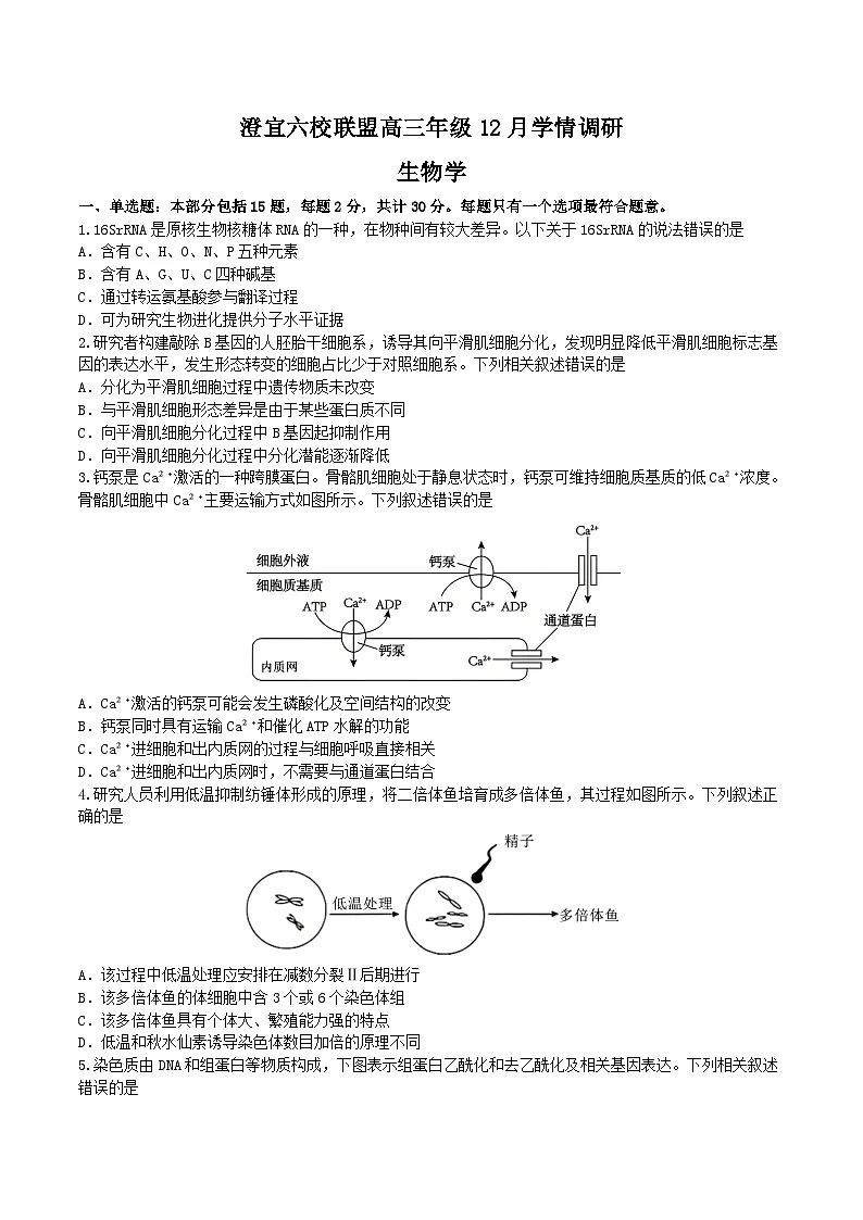 2026无锡澄宜六校联盟高三上学期12月考试生物含答案第1页