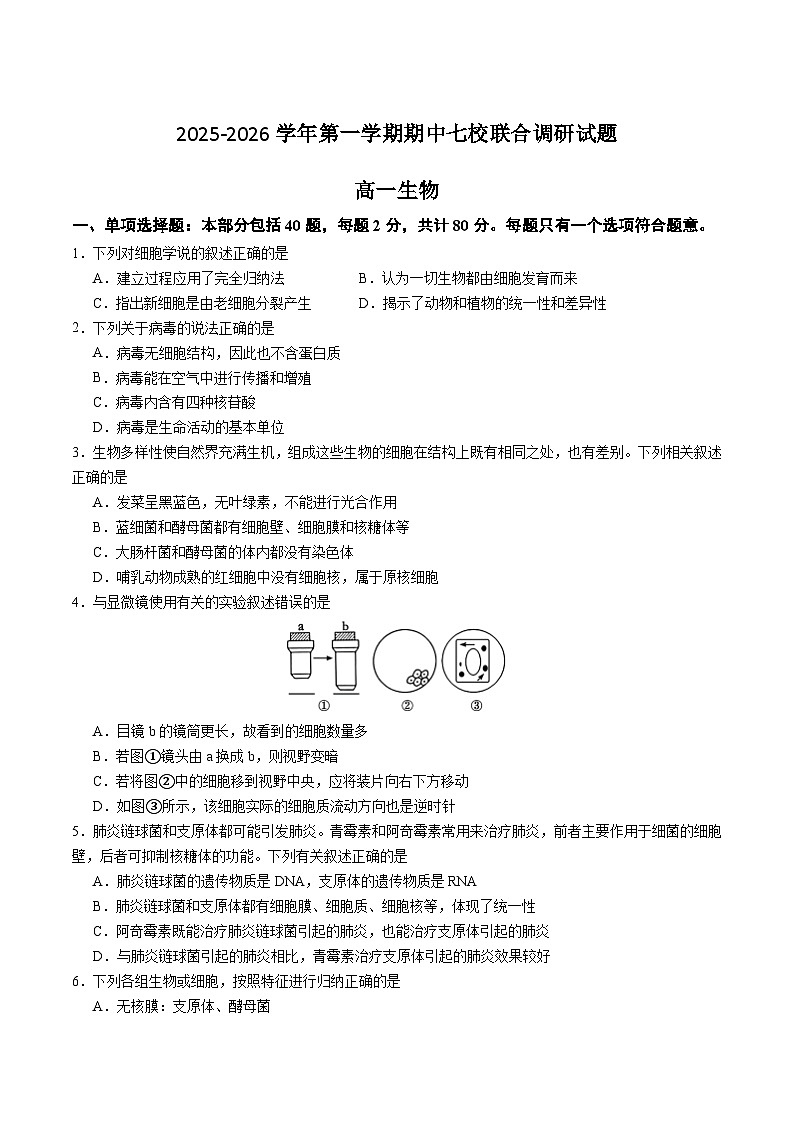 江苏省南京市七校2025-2026学年高一上学期期中联合调研试题 生物 Word版含答案第1页