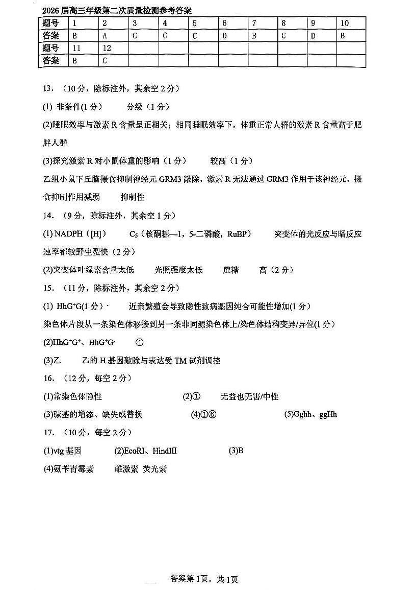 南开中学（高三上学期）第二次月考（生物）2025-2026学年试卷解析第1页