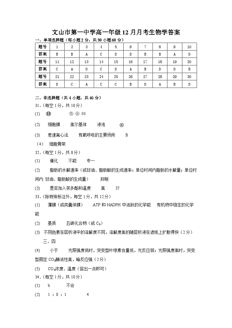 高一生物12月月考参考答案第1页
