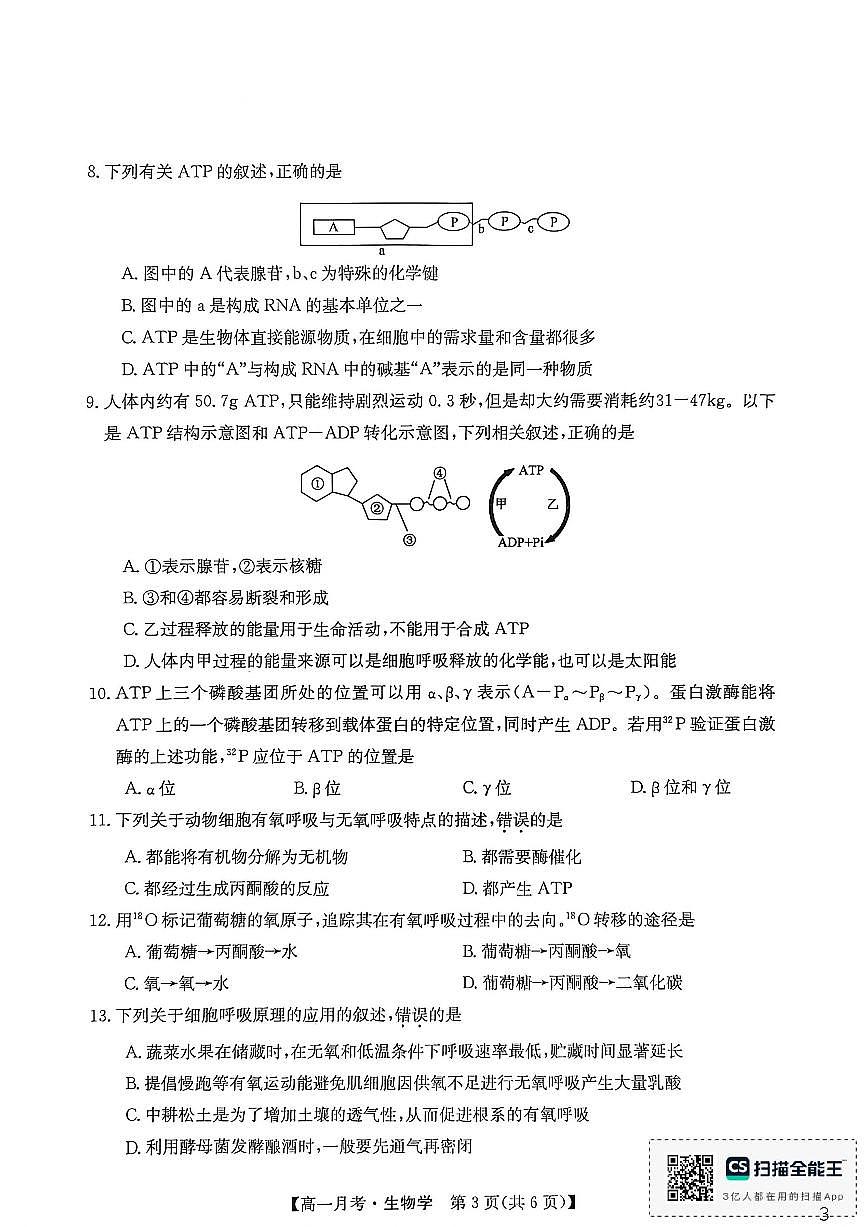 2025-2026学年云南省文山州砚山县第一中学高一上学期12月月考生物试卷（有答案）第3页
