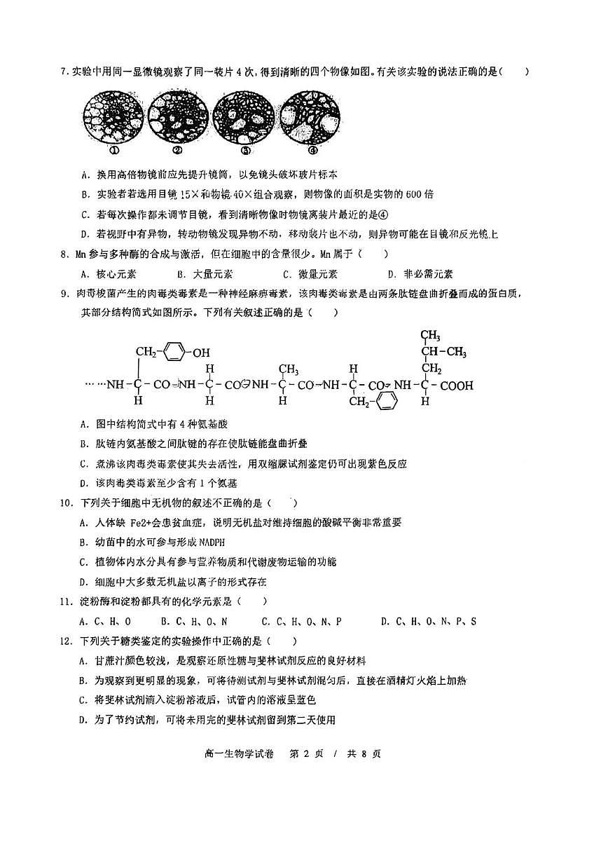 2025-2026学年天津市宝坻区第四中学高一上学期12月月考生物试题（有答案）第2页