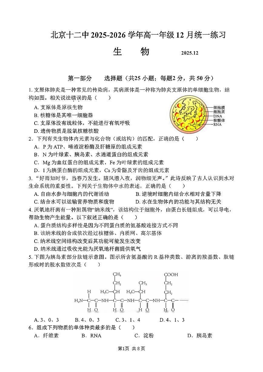 2025-2026学年北京市第十二中学高一上学期12月月考生物试题（有答案）第1页
