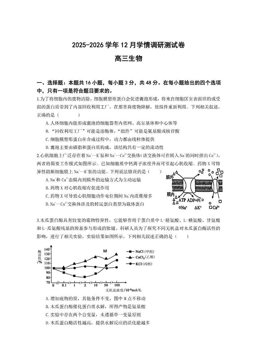 2025-2026学年陕西省商洛市部分学校高三上学期12月学情调研生物试题（有答案）第1页