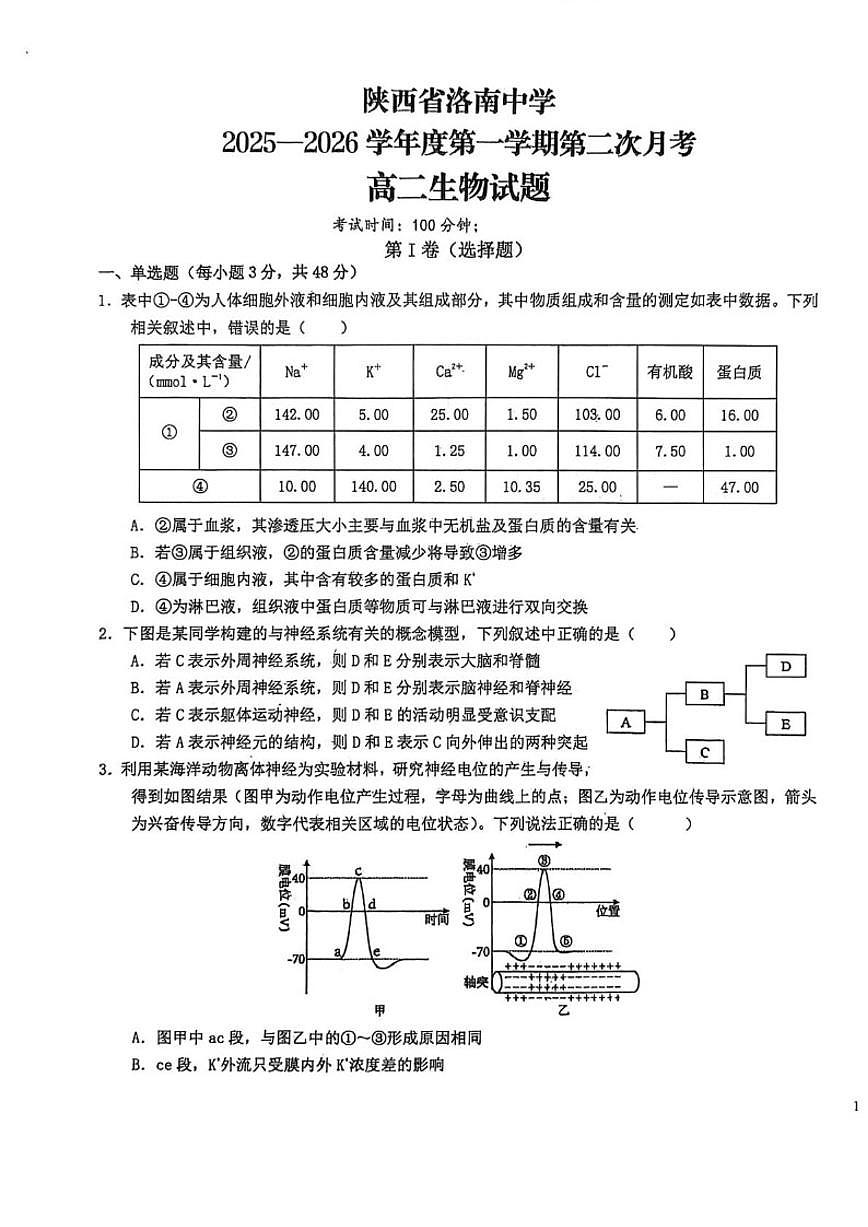 2025-2026学年陕西省商洛市洛南县洛南中学高二上学期12月月考生物试题（有答案）第1页