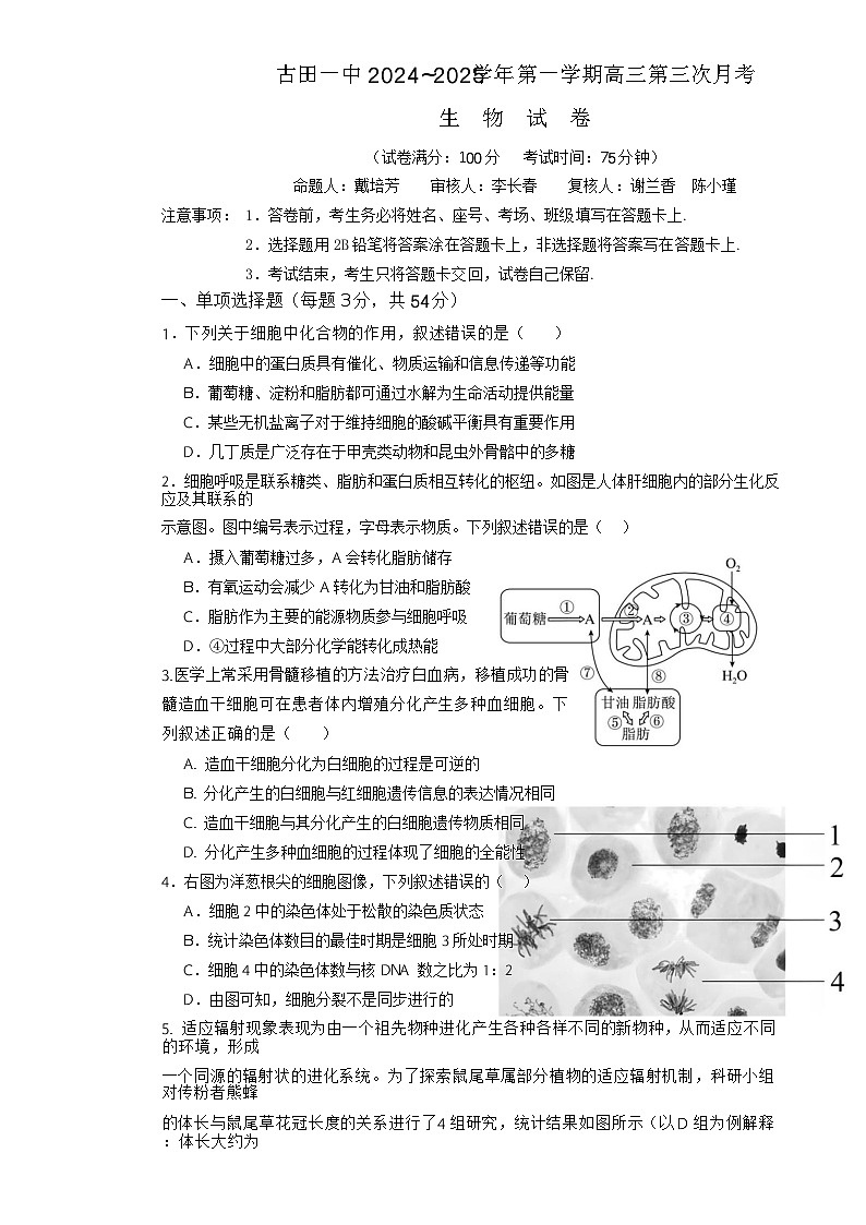 福建省古田县第一中学高三上学期第三次月考生物试题-A4第1页