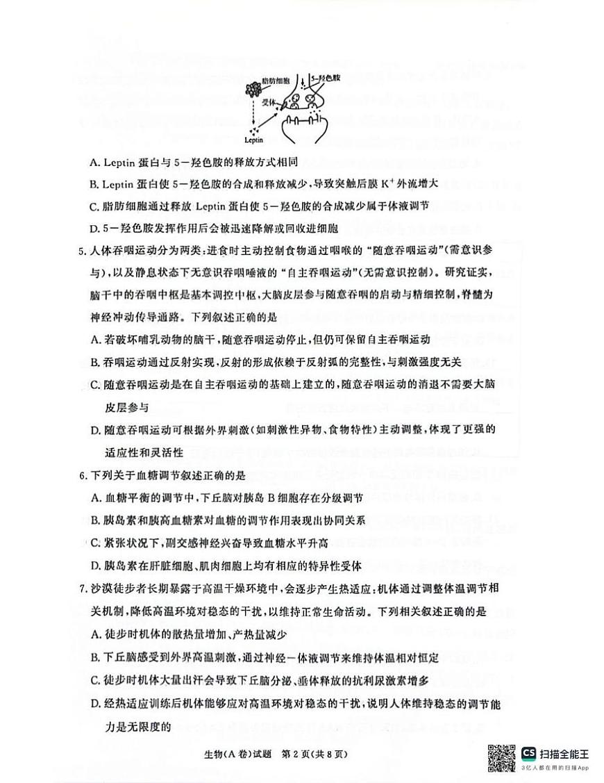河南省商丘市2025-2026学年高二上学期青桐鸣联考生物试卷A（月考）第2页
