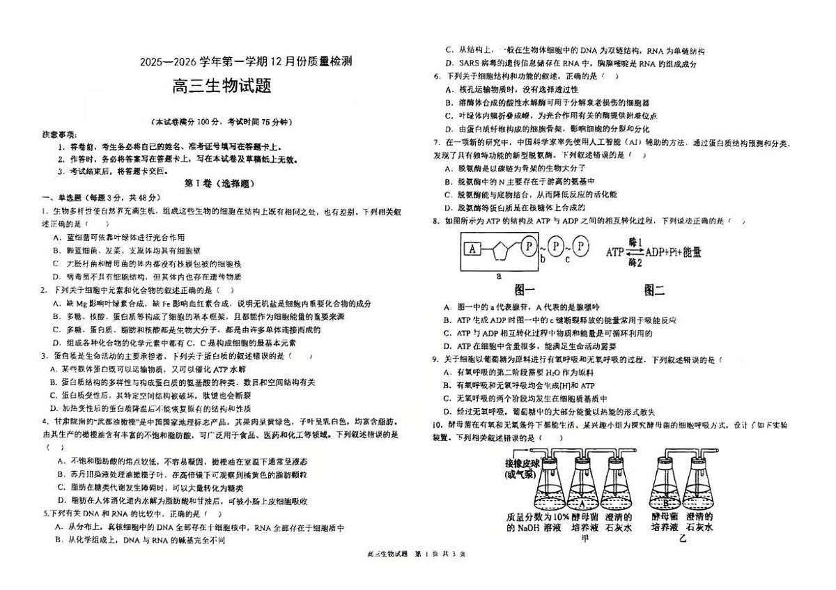 宁夏中卫市海原县第一中学2025-2026学年高三上学期12月质量检测生物试题（月考）第1页