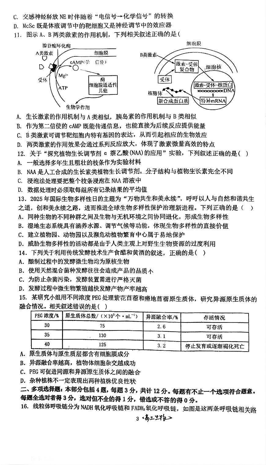 江苏省南通市如东高级中学、沭阳如东中学2025-2026学年高三上学期12月检测生物试题（月考）第3页