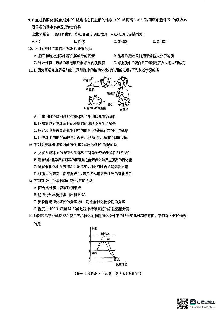 河南强基联盟2025-2026学年高一上学期1月月考生物试题第3页
