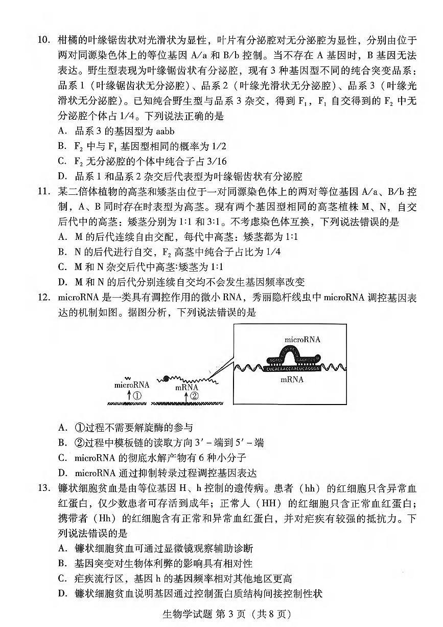 生物丨山东省潍坊市2026届高三上学期11月期中考试阶段性诊断监测试卷及答案第3页