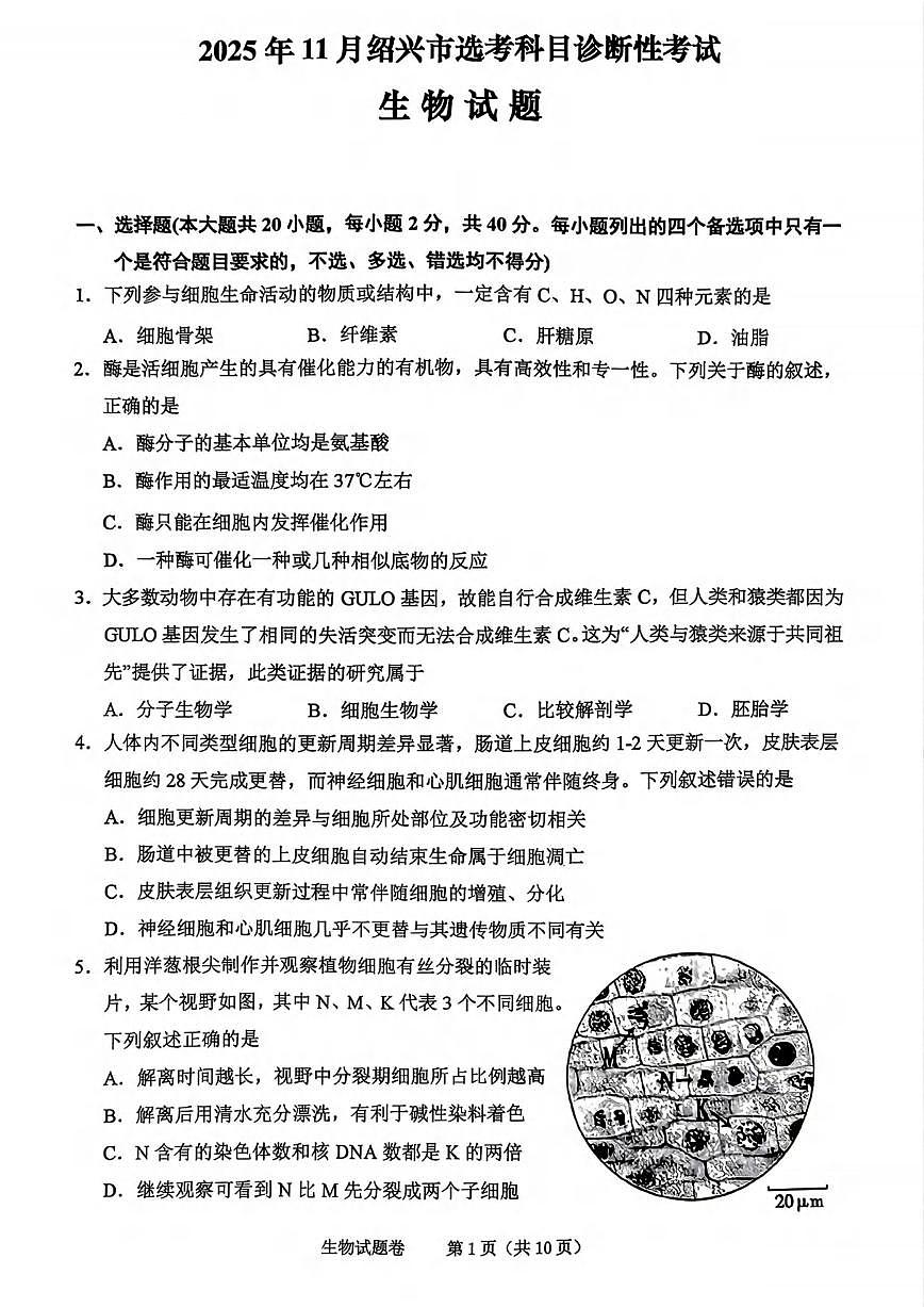 生物丨浙江省绍兴市2026届高三上学期11月一模试卷及答案第1页