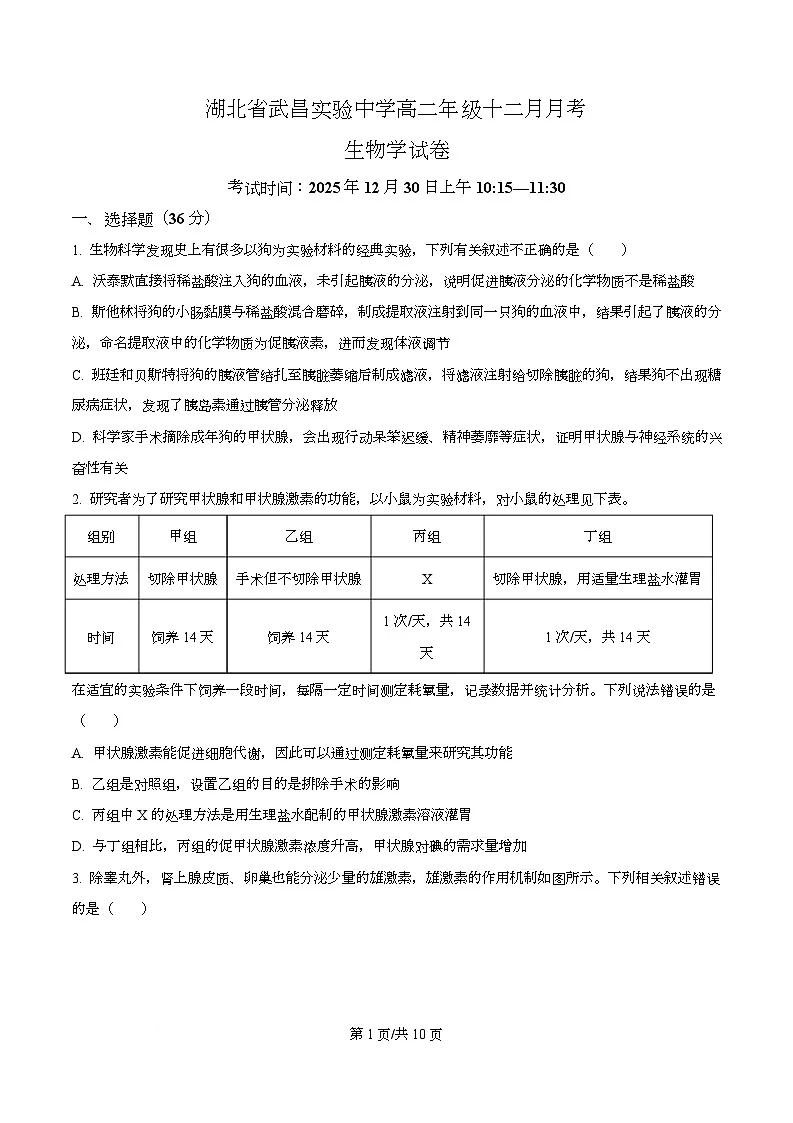 湖北省武汉市武昌区湖北省武昌实验中学2025-2026学年高二上学期12月月考生物试题（原卷版）第1页