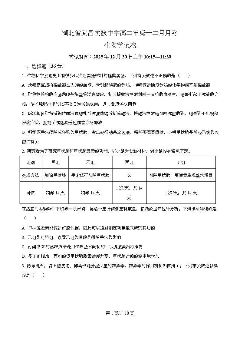 湖北省武汉市武昌区湖北省武昌实验中学2025-2026学年高二上学期12月月考生物试题（原卷版）第1页
