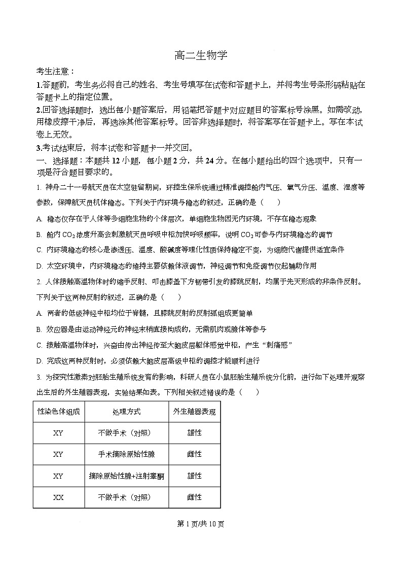 湖南省2025-2026学年高二上学期12月月考生物试题（原卷版）第1页