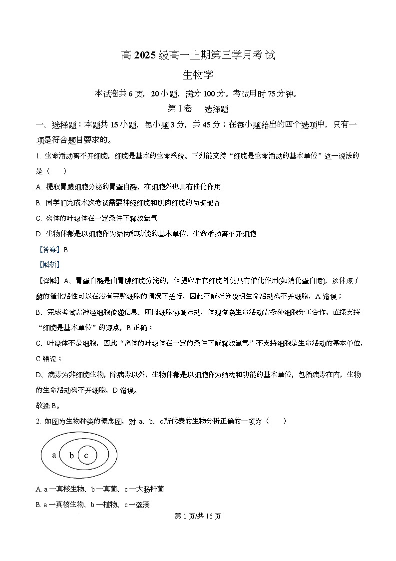 四川省泸州市泸县第五中学2025-2026学年高一上学期12月月考生物试题 Word版含解析第1页
