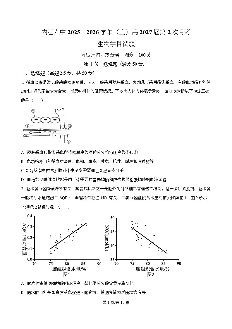 四川省内江市第六中学2025—2026学年高二上学期第二次月考生物试题（原卷版）第1页