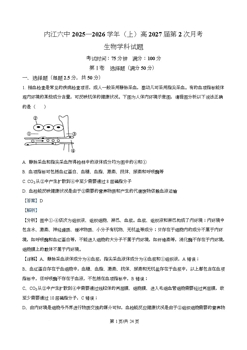 四川省内江市第六中学2025—2026学年高二上学期第二次月考生物试题 Word版含解析第1页