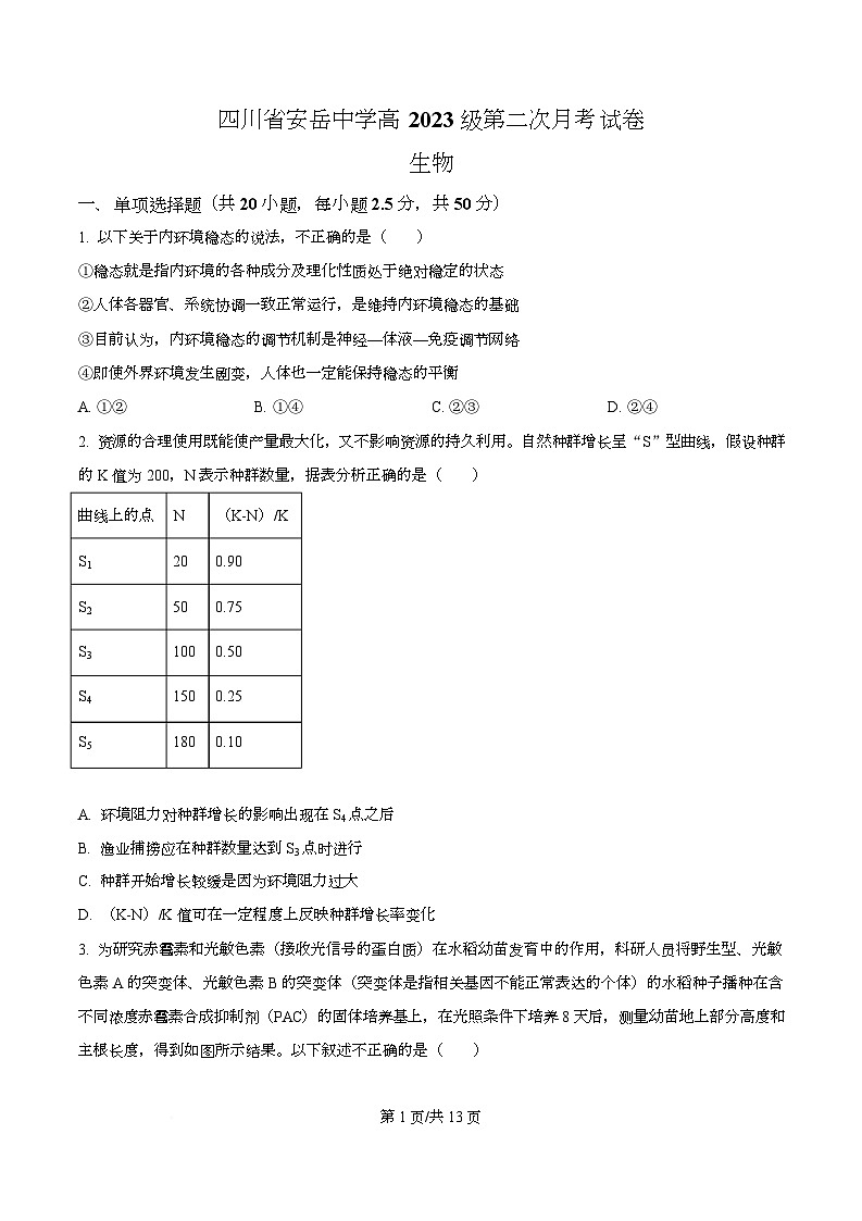 四川省资阳市安岳中学2024-2025学年高二上学期第二次月考生物试题（原卷版）第1页