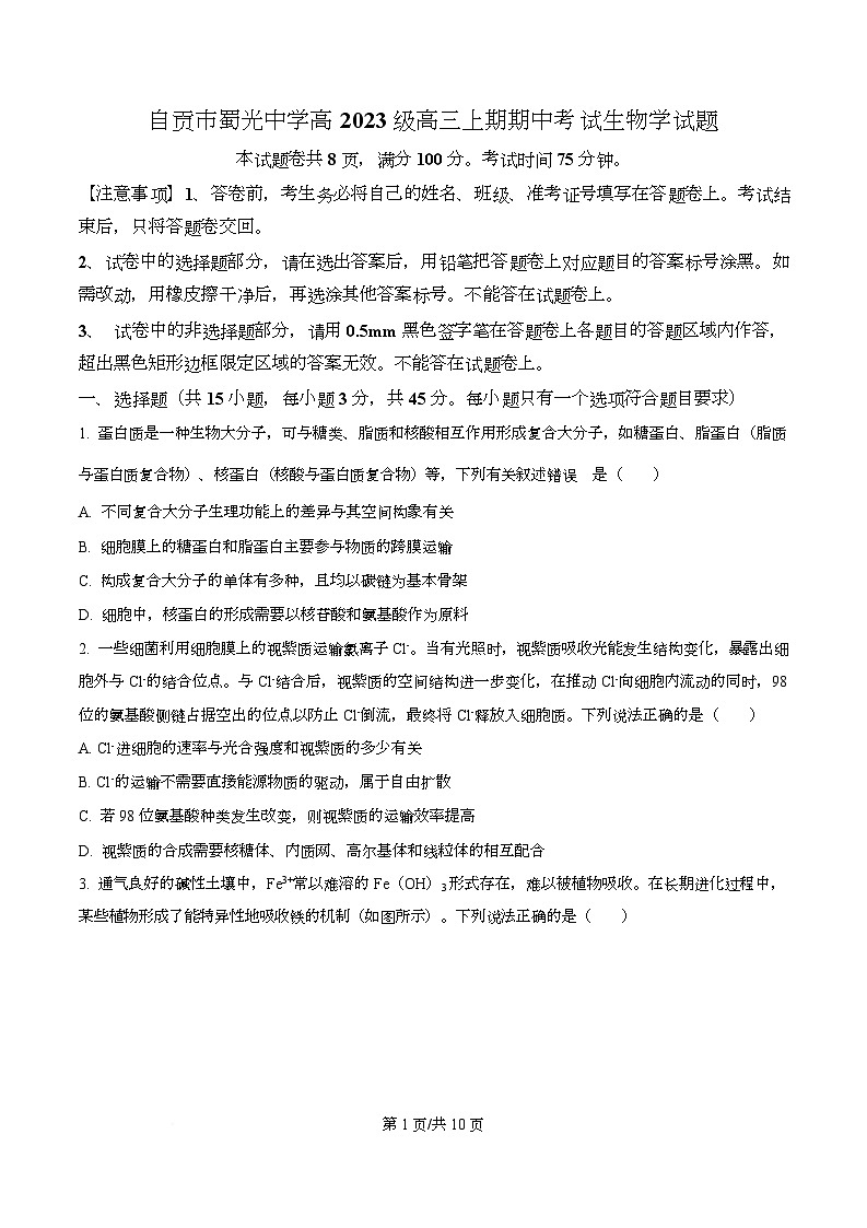 四川省自贡市蜀光中学2026届高三上学期期中考试生物试题（原卷版）第1页