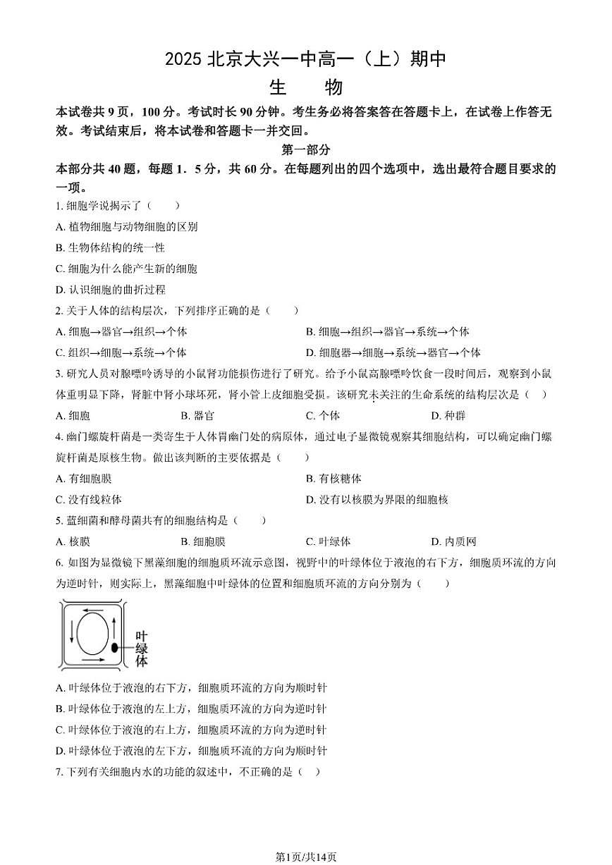 2025北京大兴一中高一（上）期中生物（教师版）（有解析）第1页