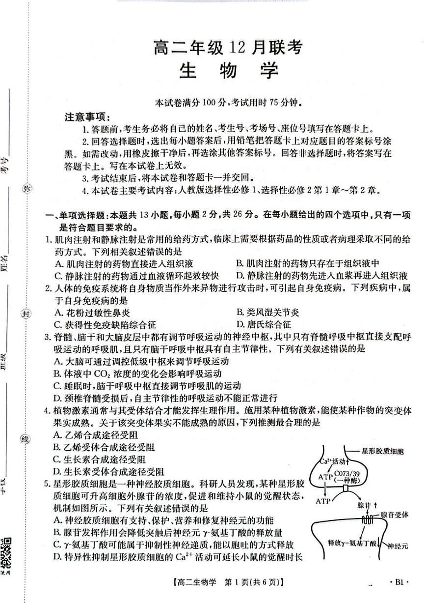 2025-2026学年河北省邯郸市魏县六校高二上学期12月联考生物试卷（有答案)第1页