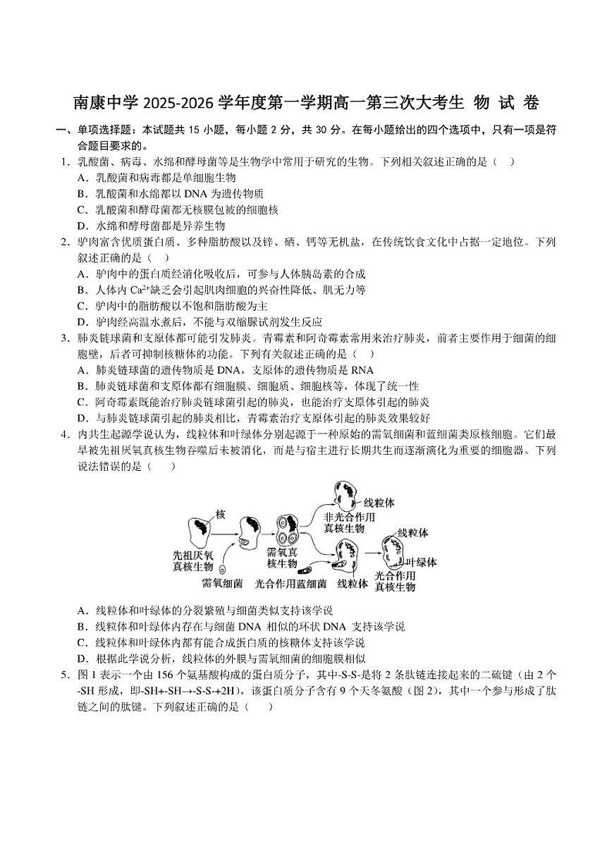 2025-2026学年江西省赣州市南康中学高一上学期第三次大考生物试卷（有答案）第1页