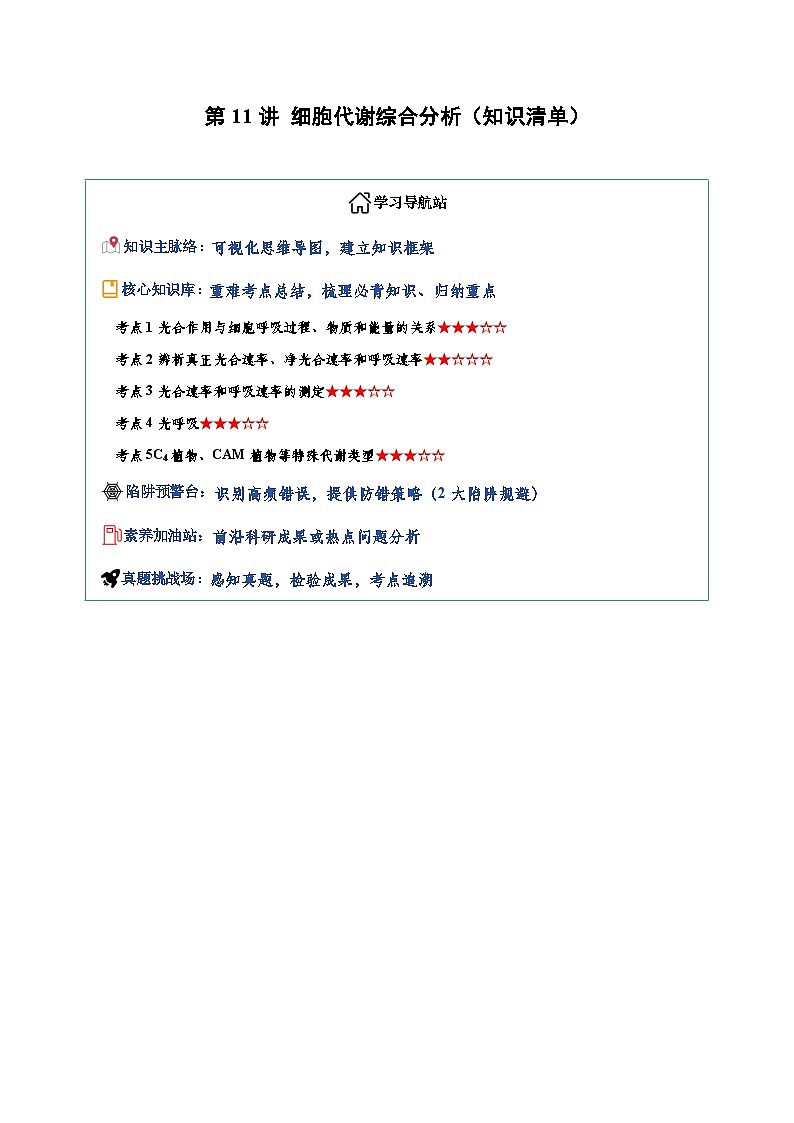 高考生物一轮-细胞代谢综合分析（知识清单）（全国通用）（原卷版）第1页