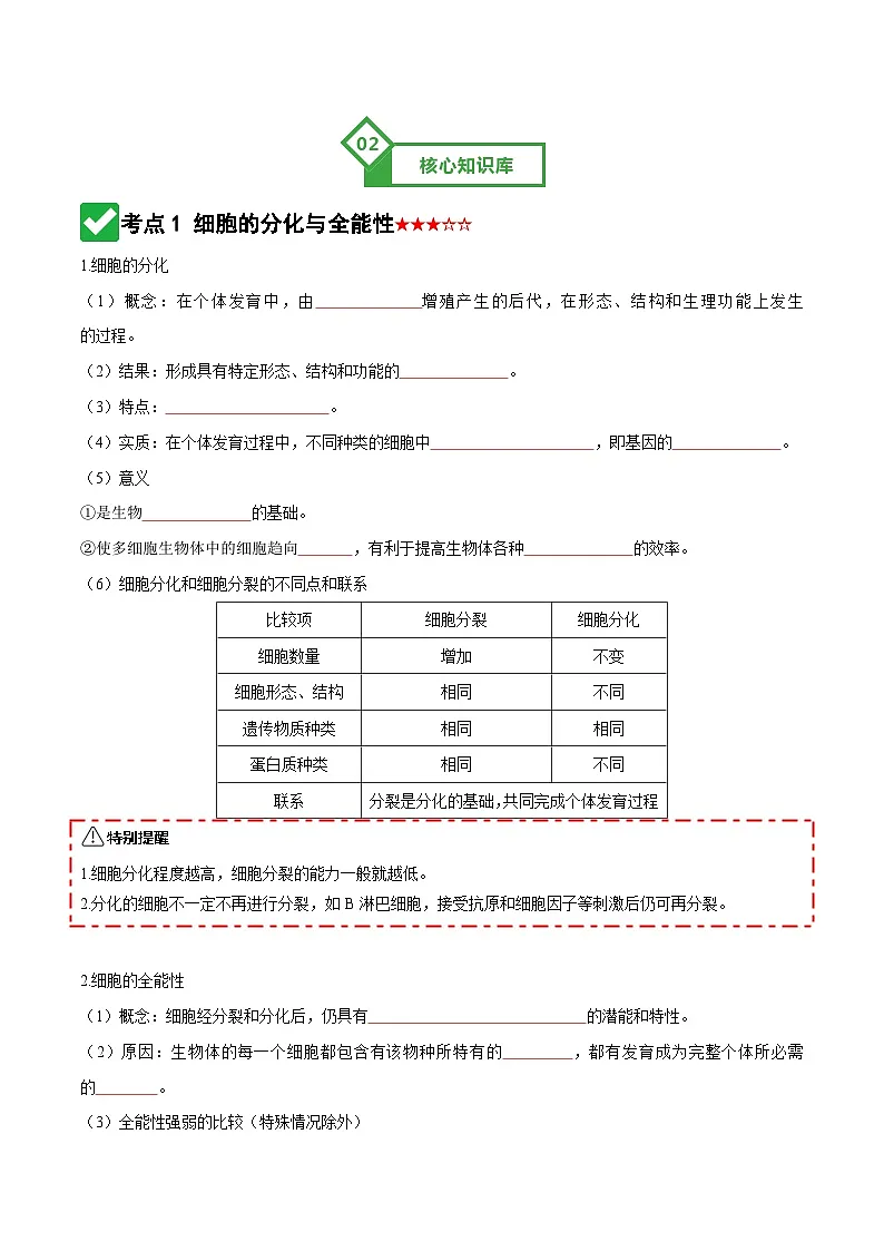 高考生物一轮-细胞的分化、衰老和死亡（知识清单）（全国通用）（原卷版）第3页