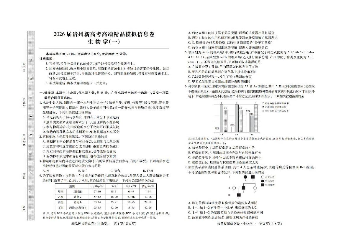 2025-2026学年贵州新高考高端精品信息（一）高三上学期1月生物试题无答案第1页