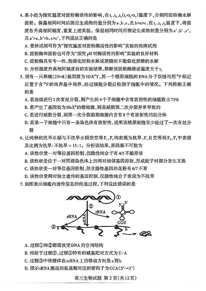 生物-山东省泰安市2026届高三年级上学期期末考试卷及答案第2页
