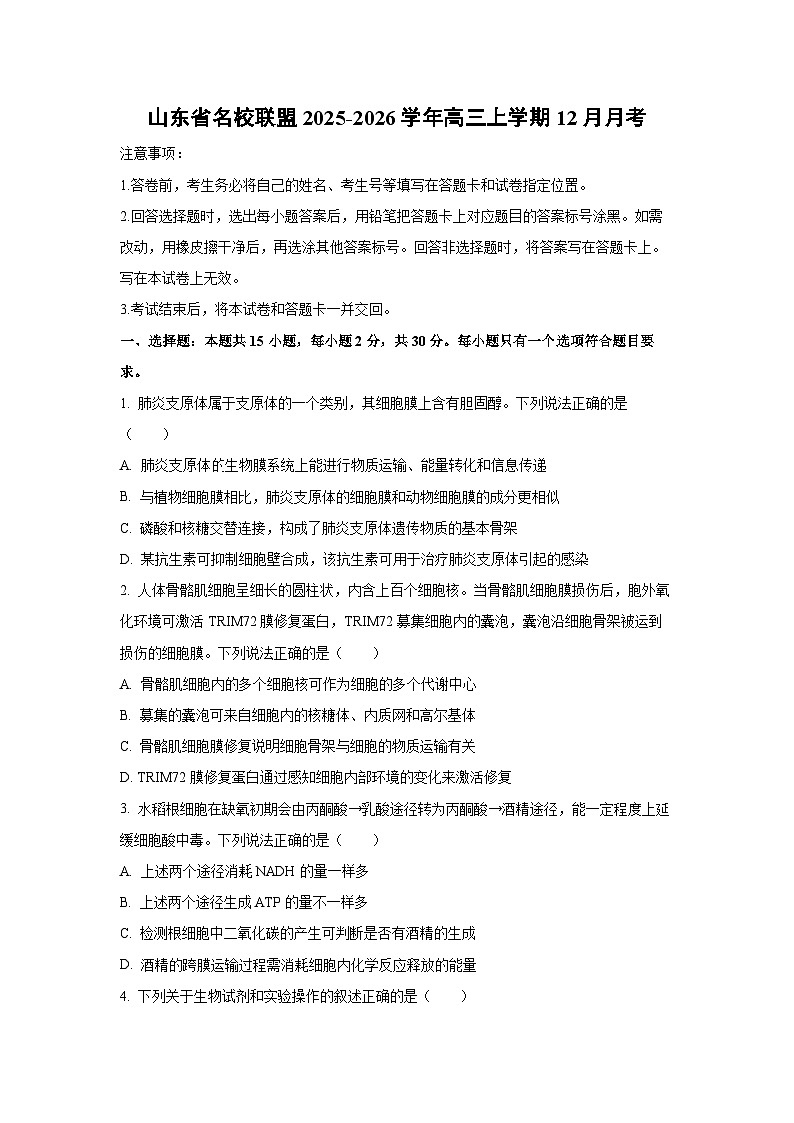 2025-2026学年山东省名校联盟高三上学期12月月考生物试卷（学生版）第1页