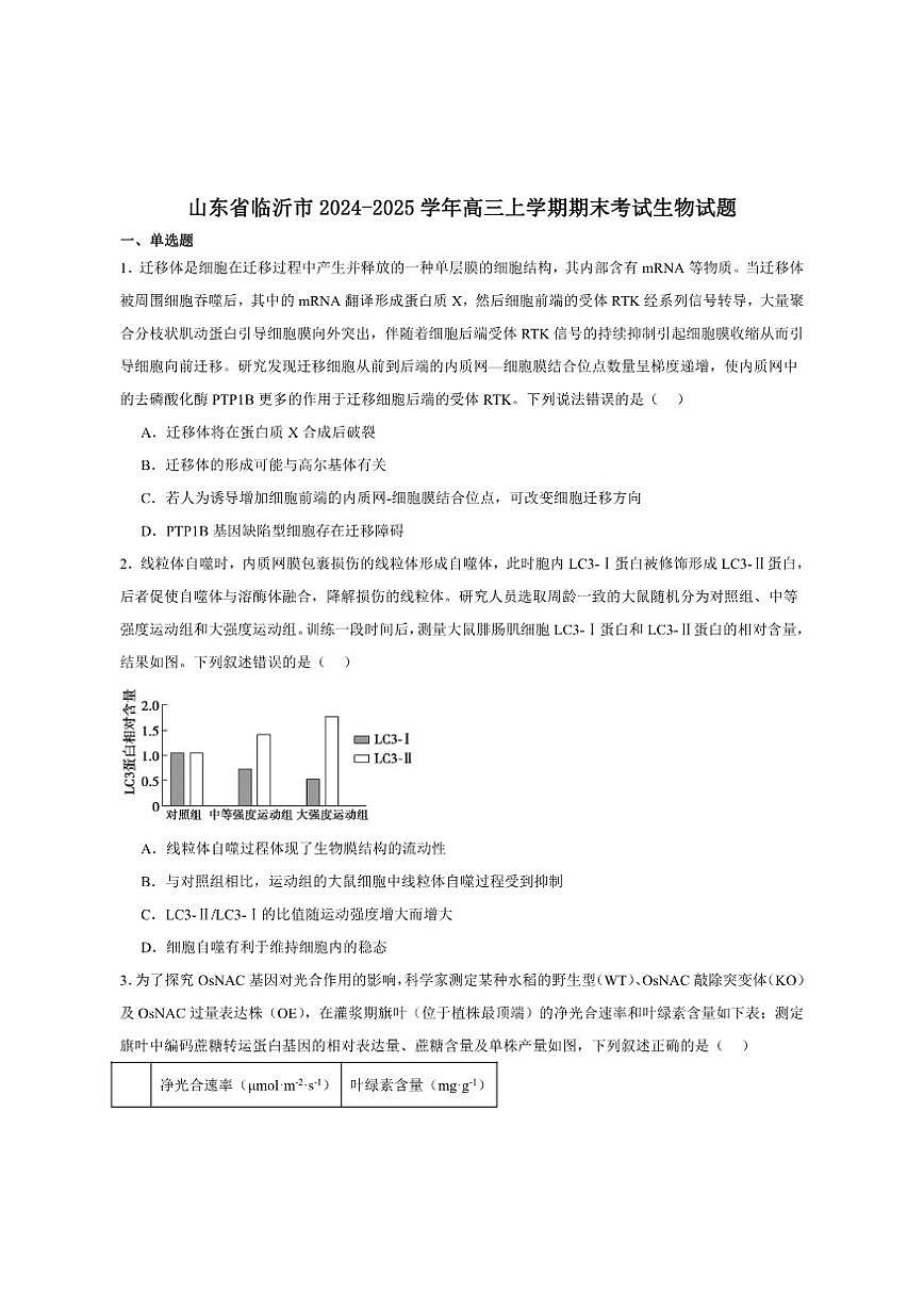 2024-2025学年山东省临沂市高三上学期期末考试生物试题（有答案）第1页