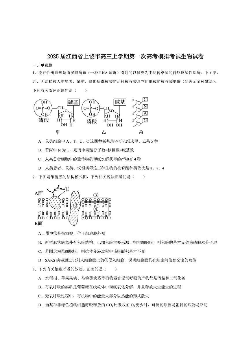 2025届江西省上饶市高三上学期第一次高考模拟考试生物试卷（有答案）第1页