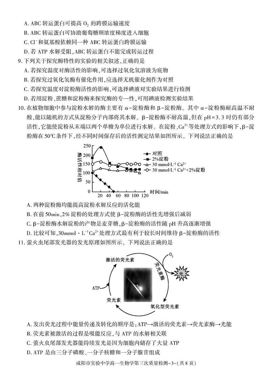 2025-2026学年陕西省咸阳市实验中学高一上学期第三次质量检测生物试卷（有答案）第3页