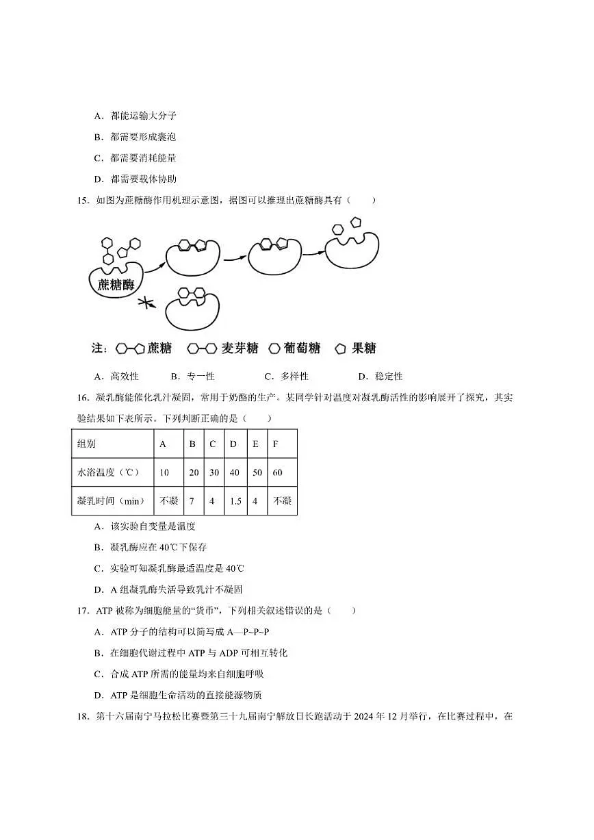 2024-2025学年广西南宁市高一上学期期末教学质量调研生物学试卷（有答案）第3页