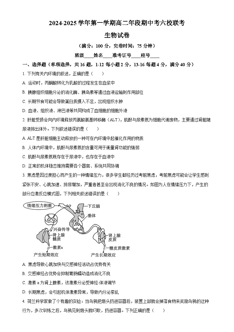 福建省福州市马尾第一中学等六校高二上学期期中联考生物试题（原卷版）-A4第1页