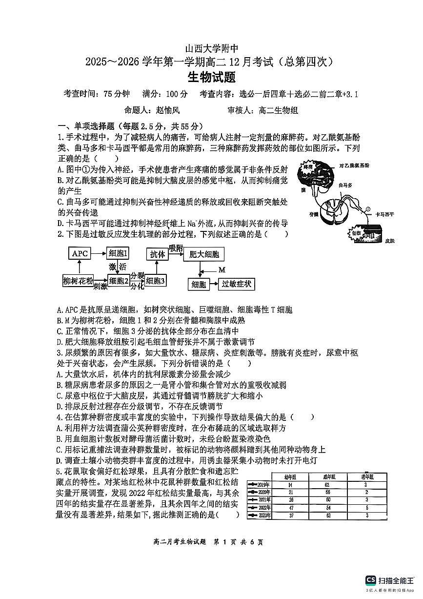 山西省太原市山西大学附属中学校2025-2026学年高二上学期12月月考生物试题（含答案）第1页