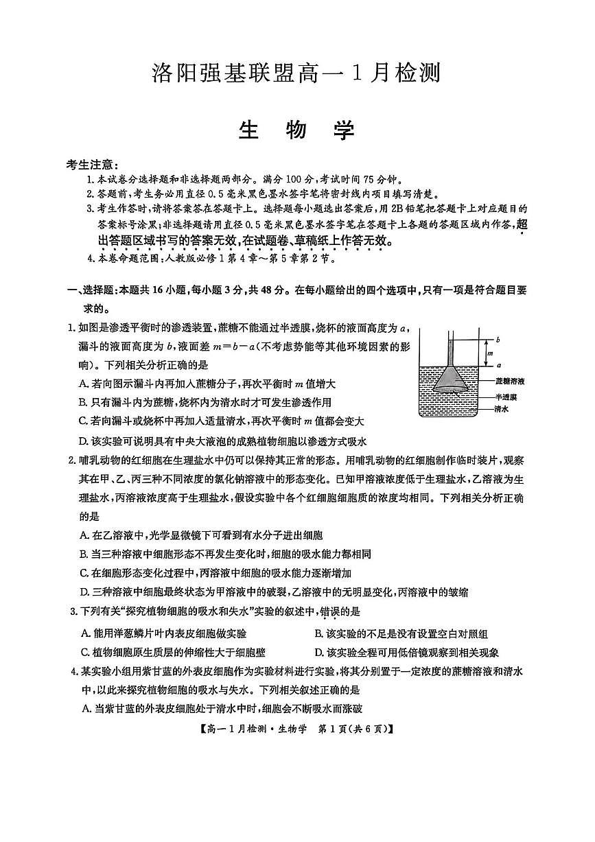 河南省洛阳市强基联盟2025-2026学年高一上学期1月月考生物试题含答案第1页