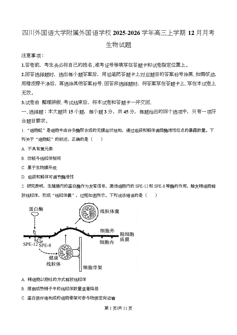 重庆市九龙坡区四川外国语大学附属外国语学校2025-2026学年高三上学期12月月考生物试题  Word版无答案第1页