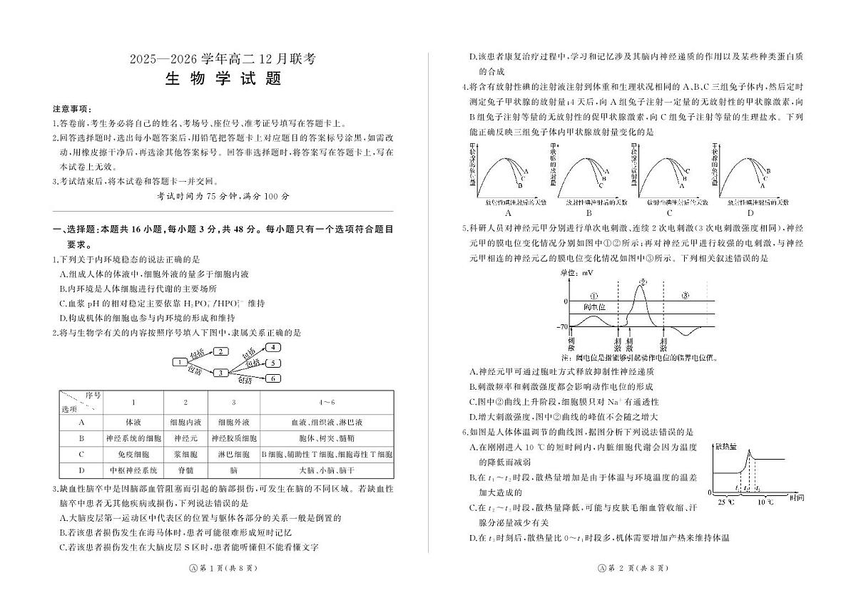 河南省百师联盟2027届高二上学期12月联考生物(A)第1页