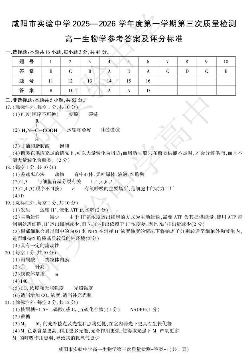 高一生物咸阳实验第1页