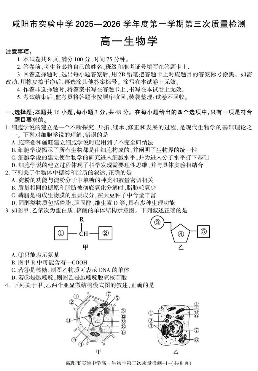 陕西省咸阳市实验中学2025-2026学年高一上学期第三次质量检测生物试卷第1页