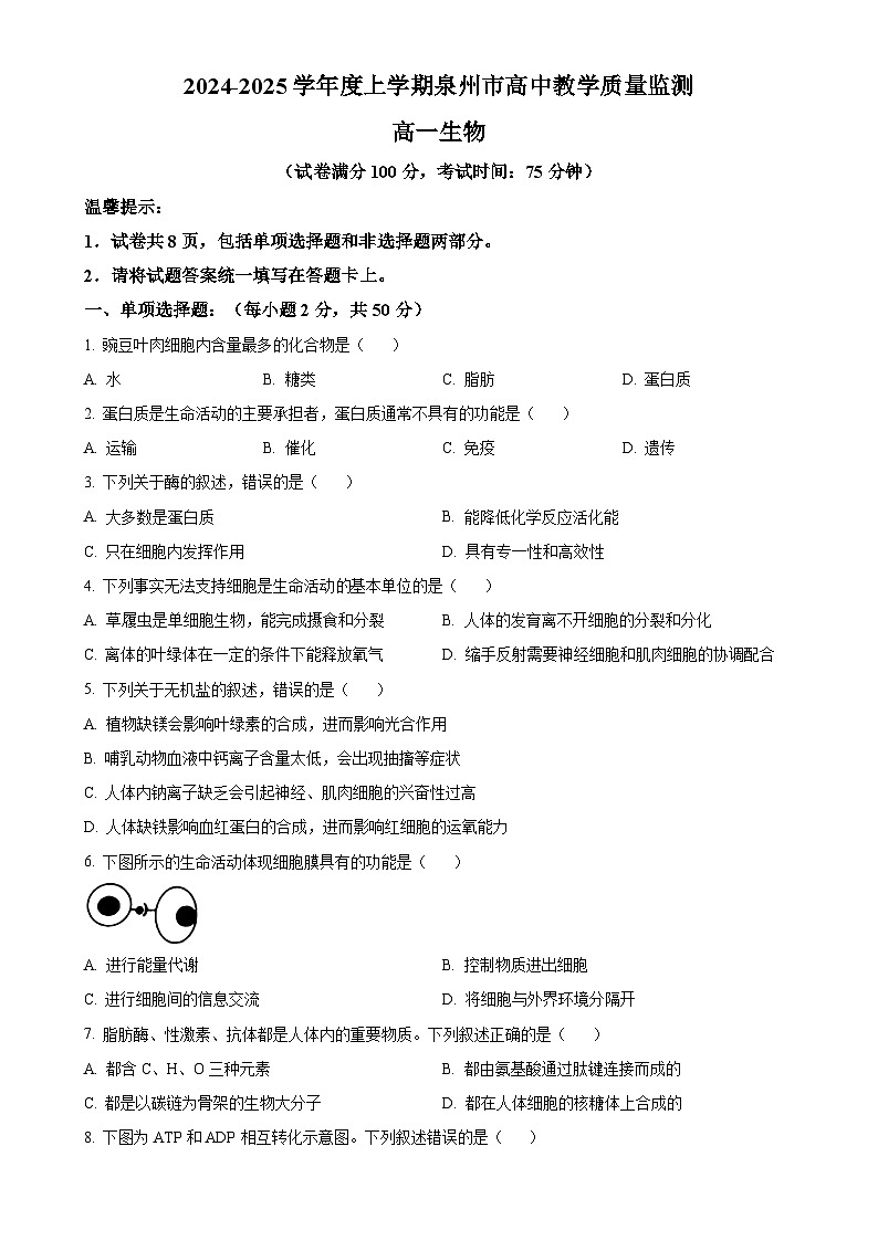 福建省泉州市高一上学期期末质量监测生物试题（原卷版）-A4第1页