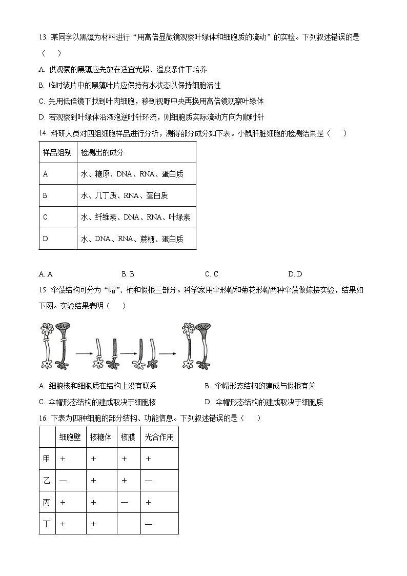 福建省泉州市高一上学期期末质量监测生物试题（原卷版）-A4第3页