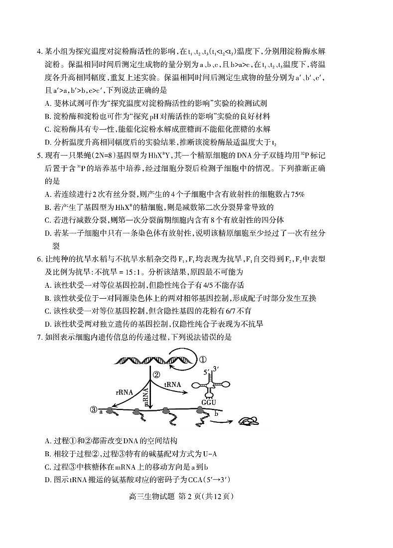 2026届山东省泰安市高三上学期1月期末考试生物试题A第2页