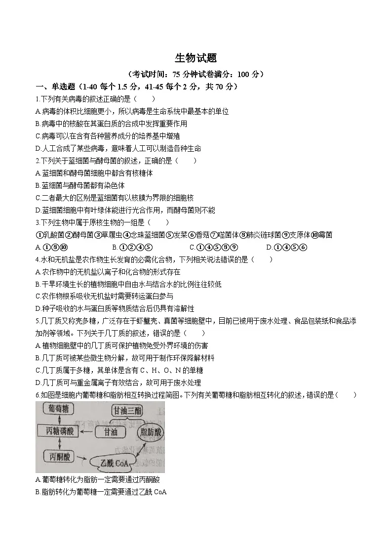 河北省石家庄市重点高中2025-2026学年高一上学期12月阶段测试 生物（含答案）第1页