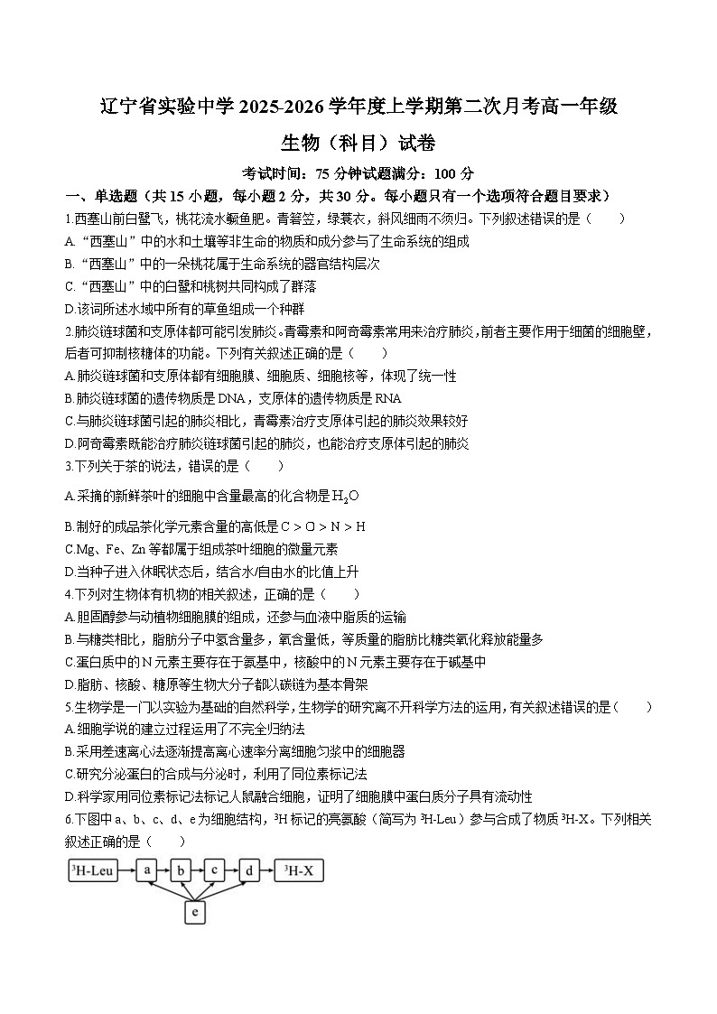 辽宁省实验中学2025-2026学年高一上学期12月第二次月考生物试卷（Word版附答案）第1页